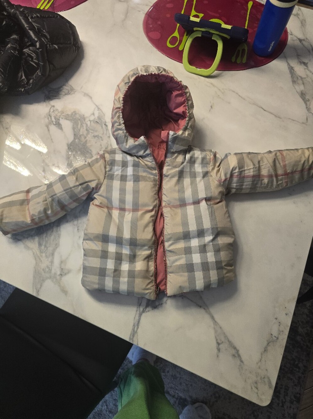 Burberry Kids Reversible Beige Plaid Hooded Puffer Jacket with Pink Lining